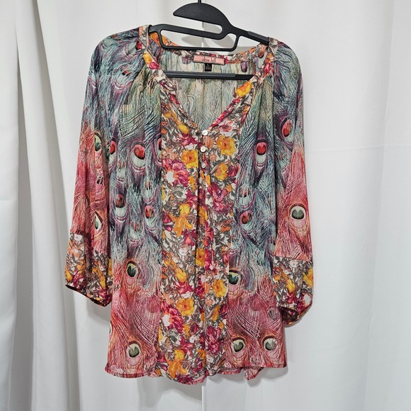 Olive Hill Tops - Olive Hill Womens Peacock Feather Floral Print Blouse Large hippie artsy boho